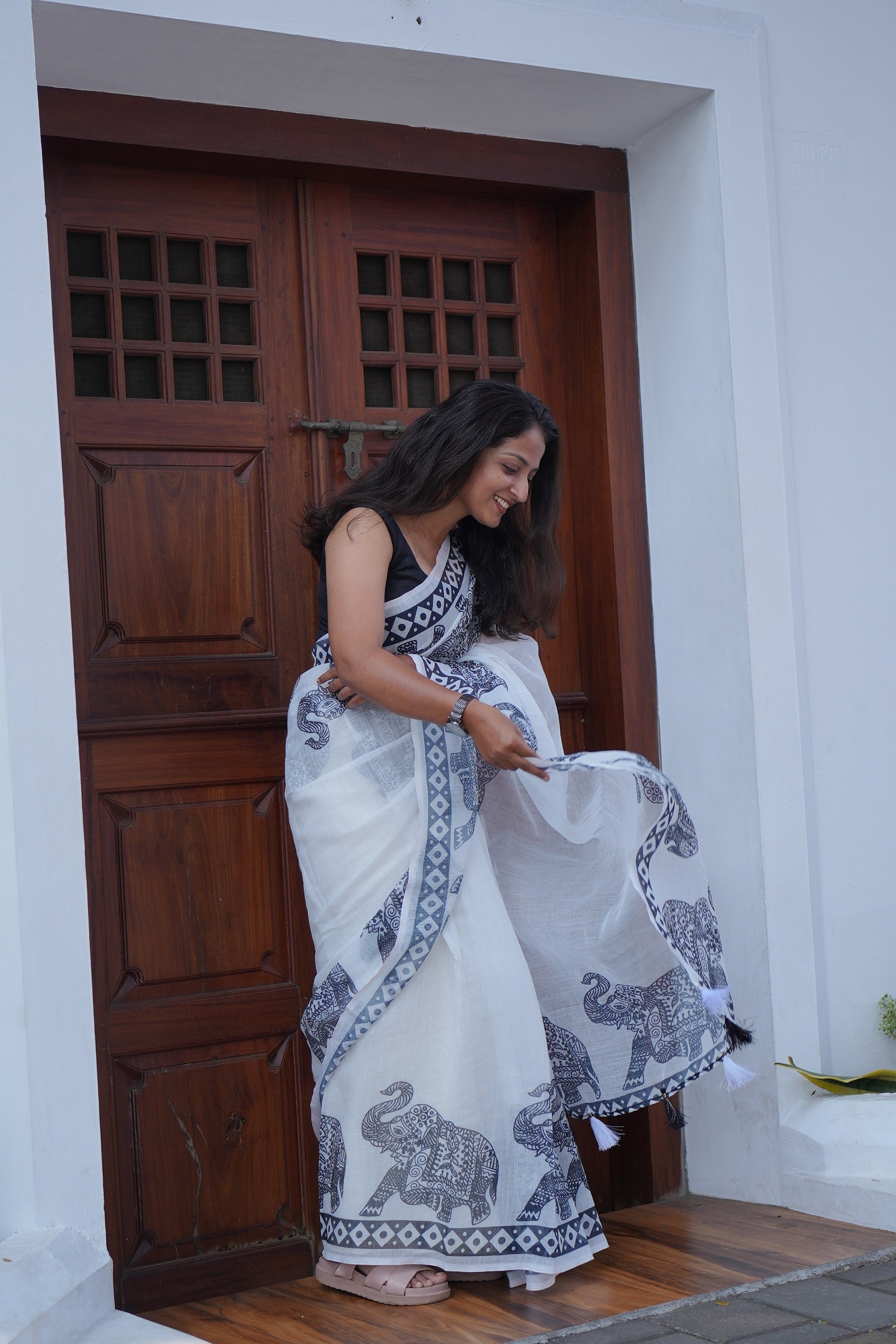 Handloom linen cotton printed festive saree by The Drape Culture