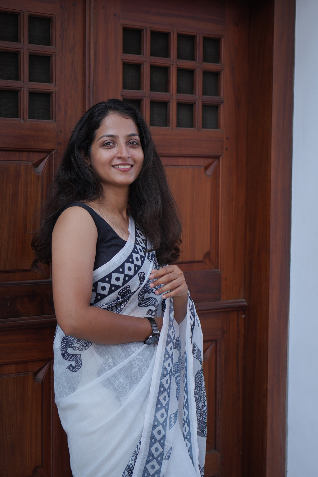 Handloom linen cotton printed festive saree by The Drape Culture