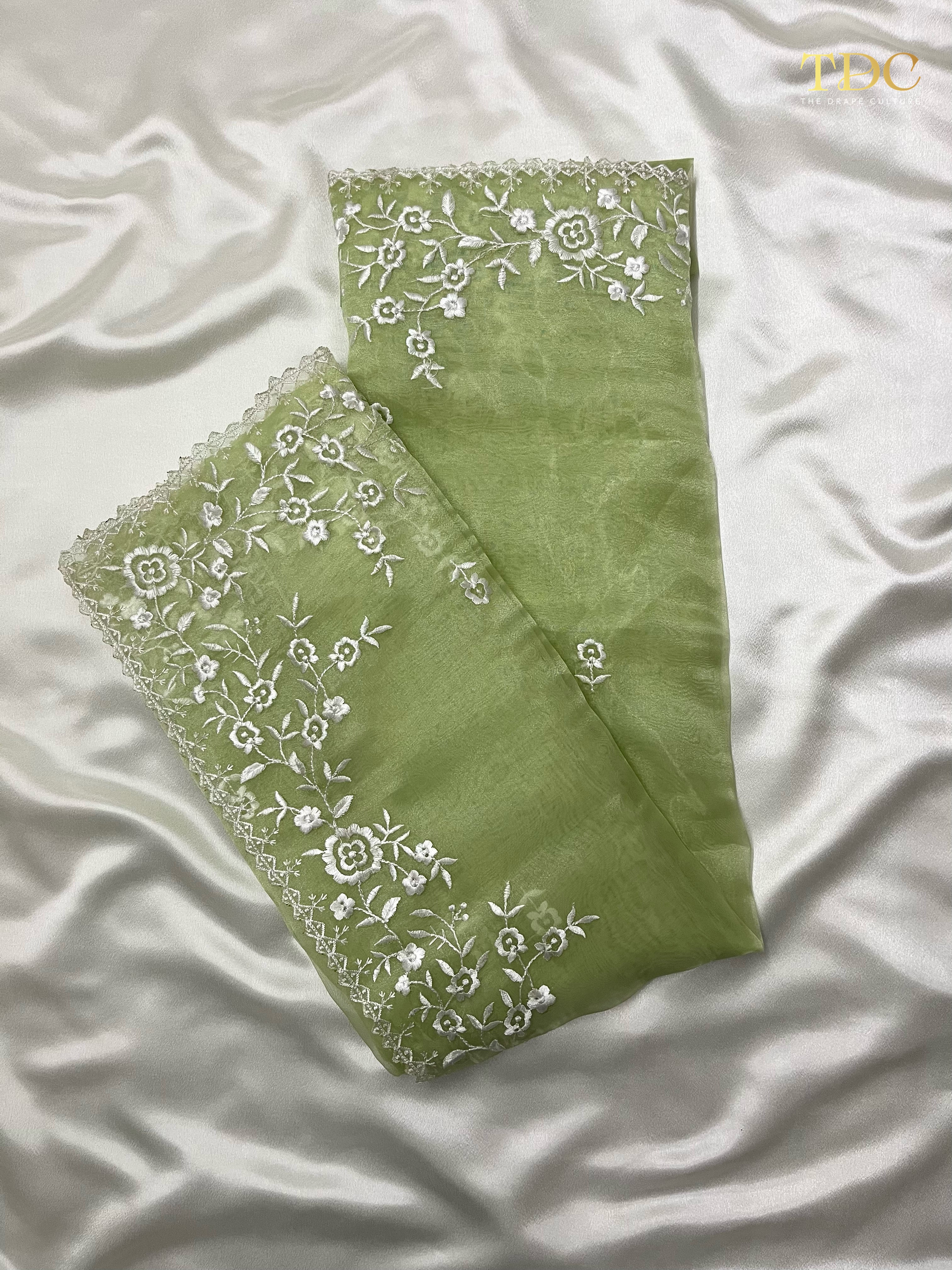 Soft Organza Embroidery Saree with Cut Work Border & Banglori Silk Blouse