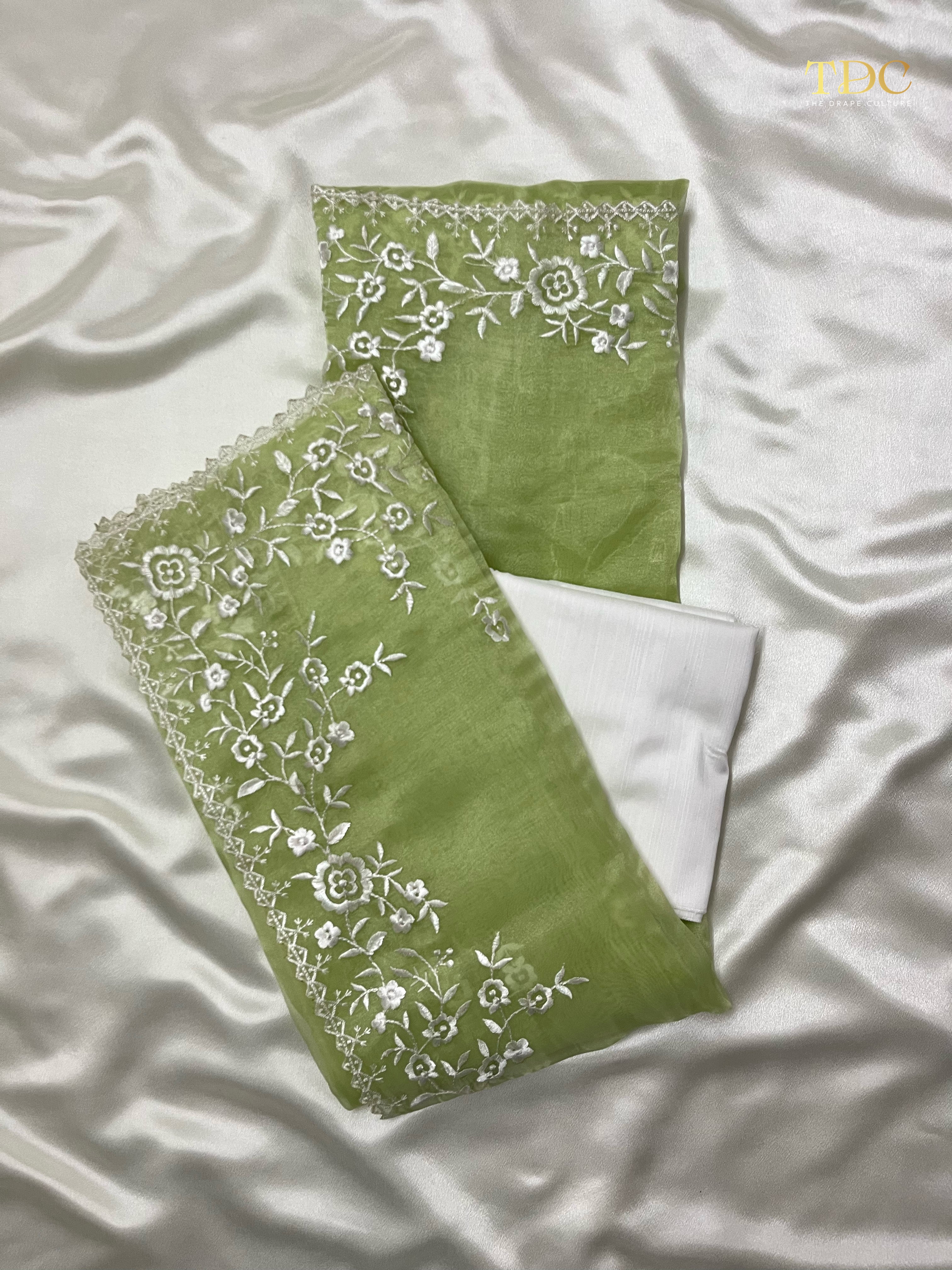 Soft Organza Embroidery Saree with Cut Work Border & Banglori Silk Blouse